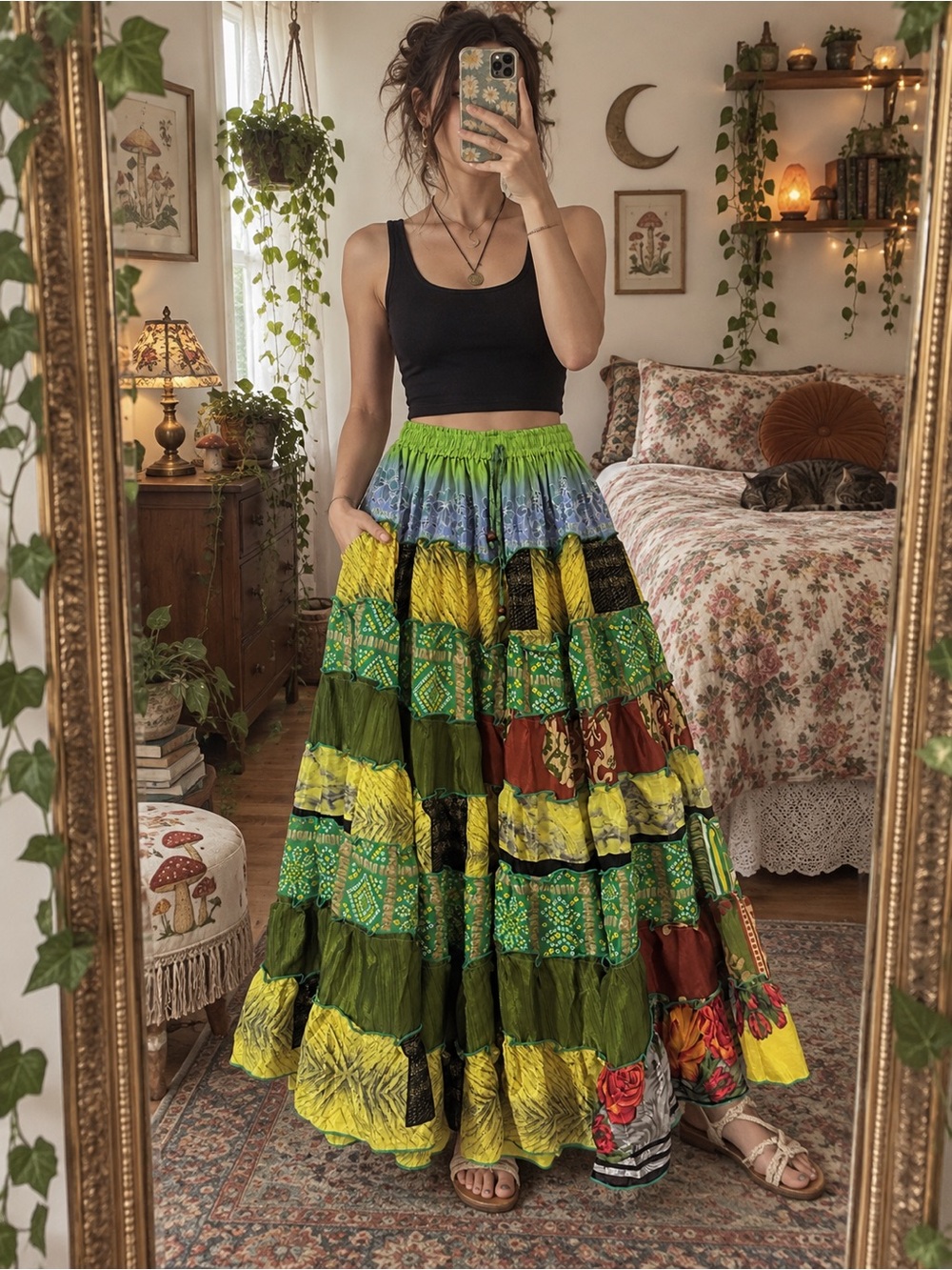 Bohemian Tiered Patchwork Maxi Skirt — Green Multicolor